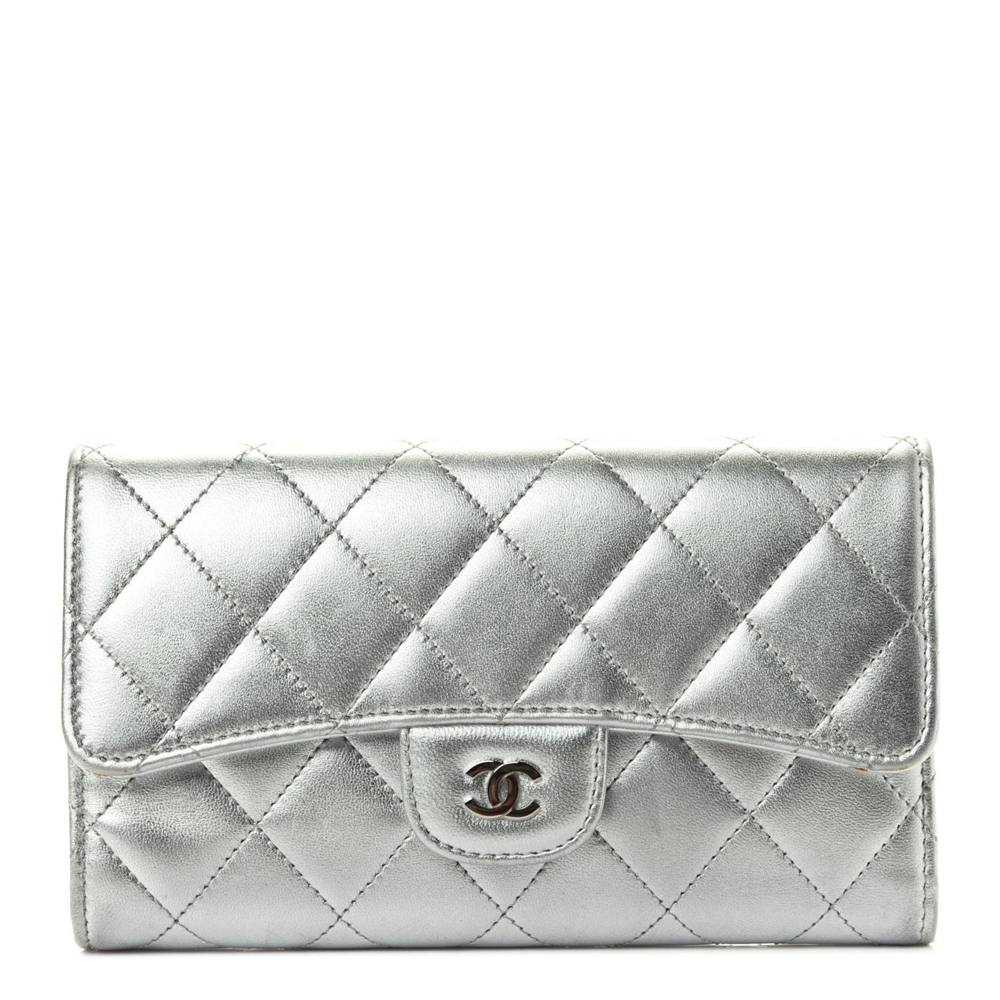 Metallic Lambskin Quilted Long Flap Wallet Silver