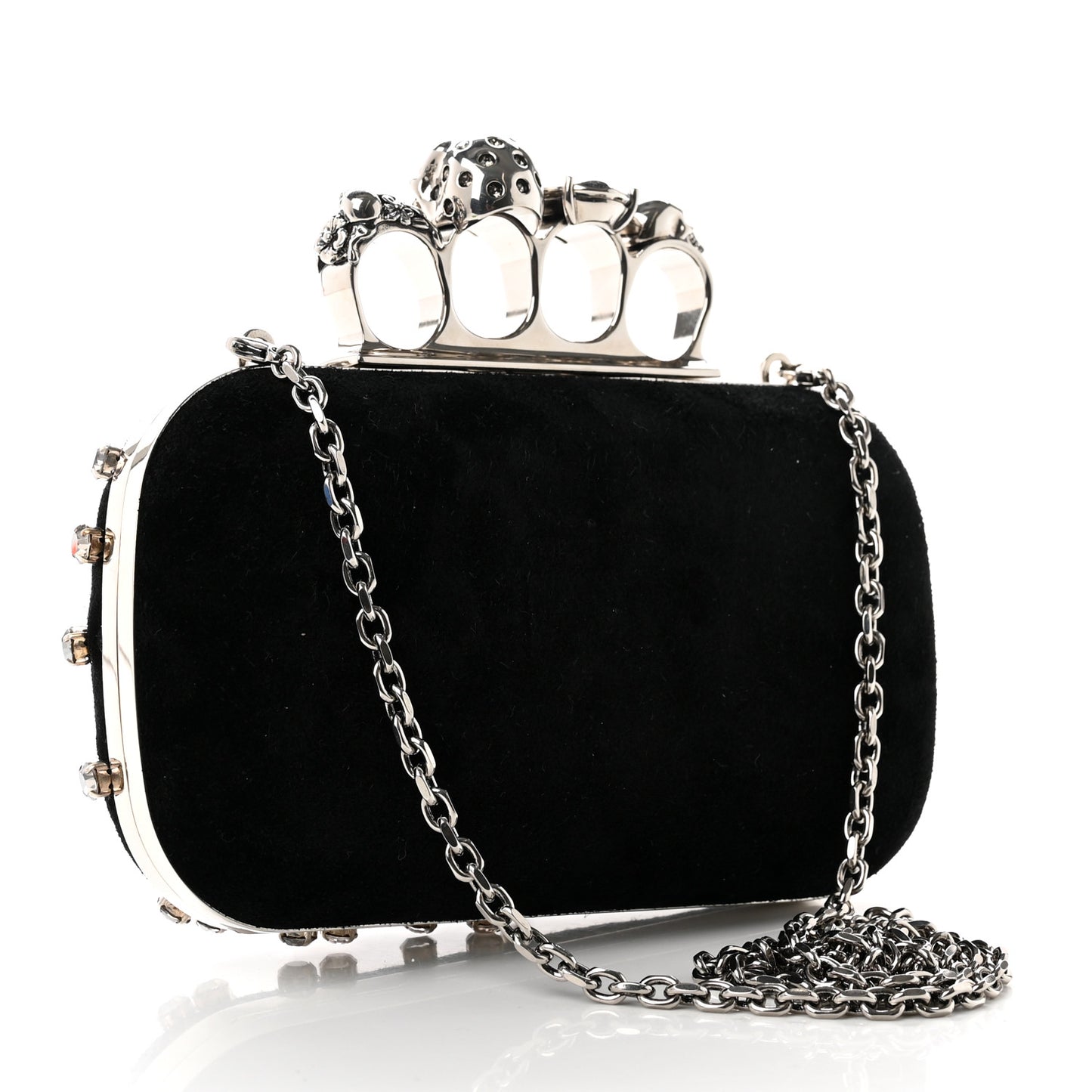 Velvet Crystal Skull Knuckle Chain Box Clutch Black