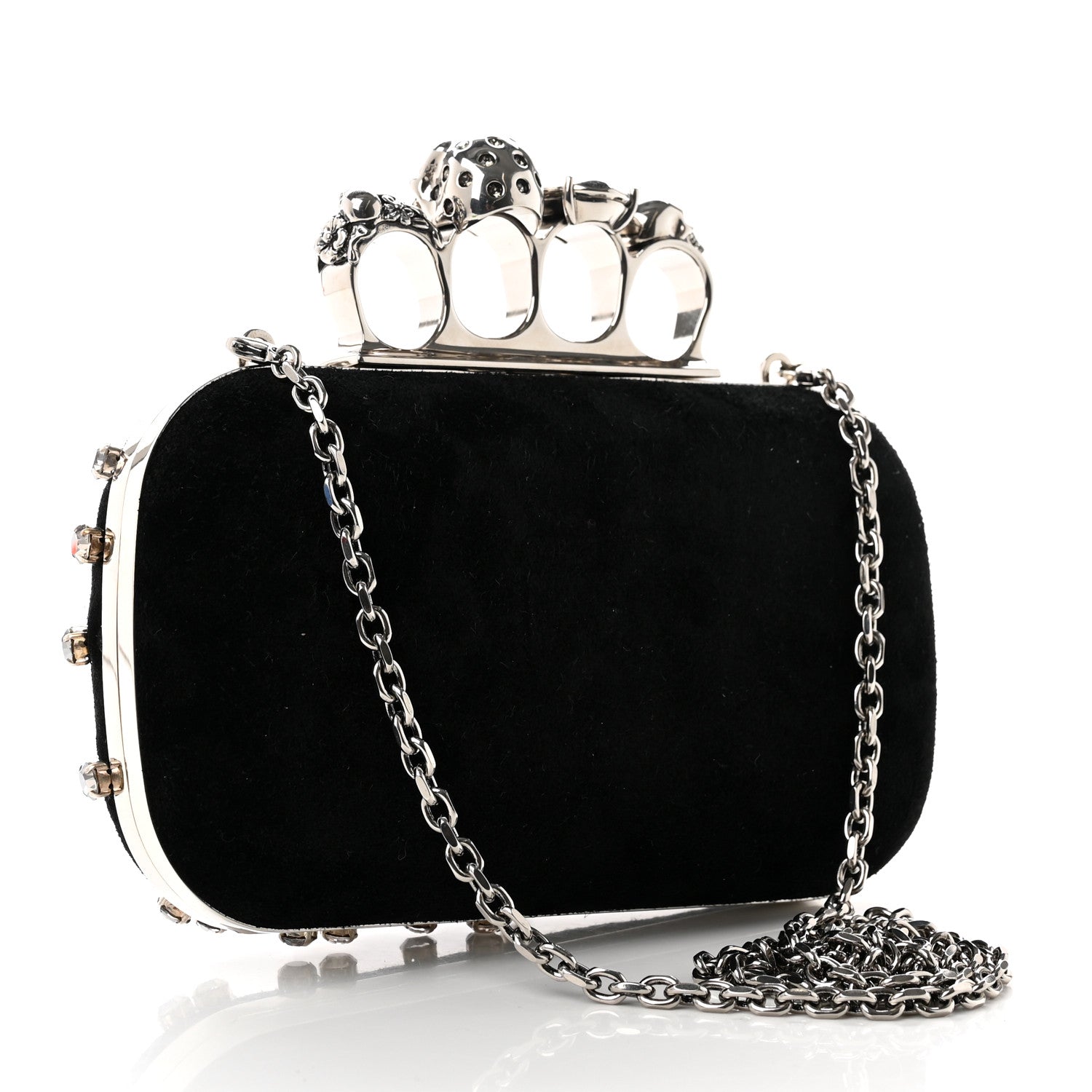 Alexander McQueen Velvet Crystal Skull Knuckle Chain Box Clutch Black 3 of 7