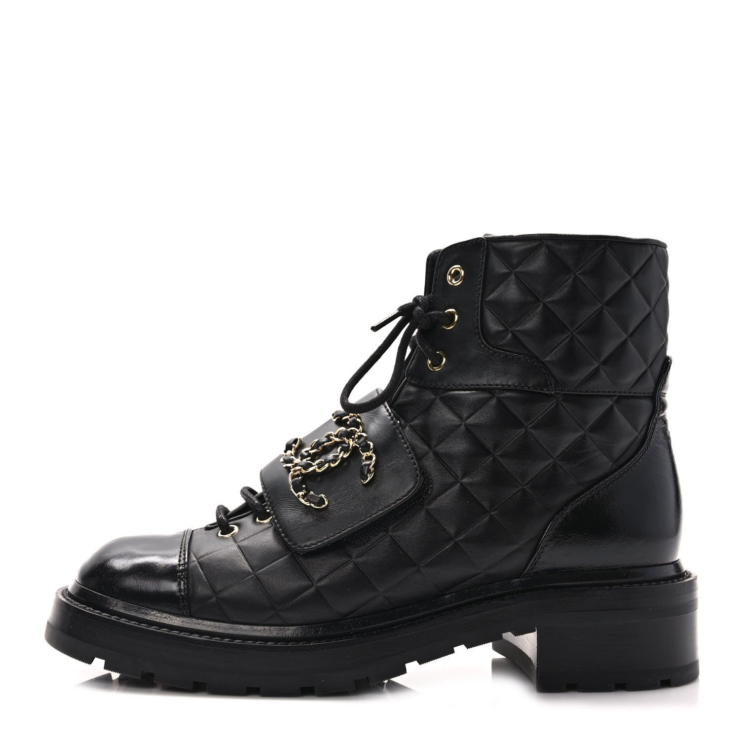 Chanel Calfskin Shiny Calfskin Quilted Lace Up Combat Boots 39 Black 1 of 10