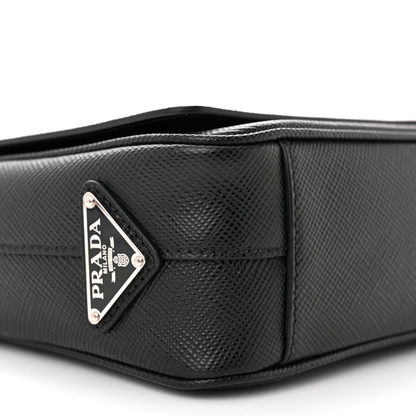 Saffiano Cuir Triangle Logo Embossed Flap Crossbody Black