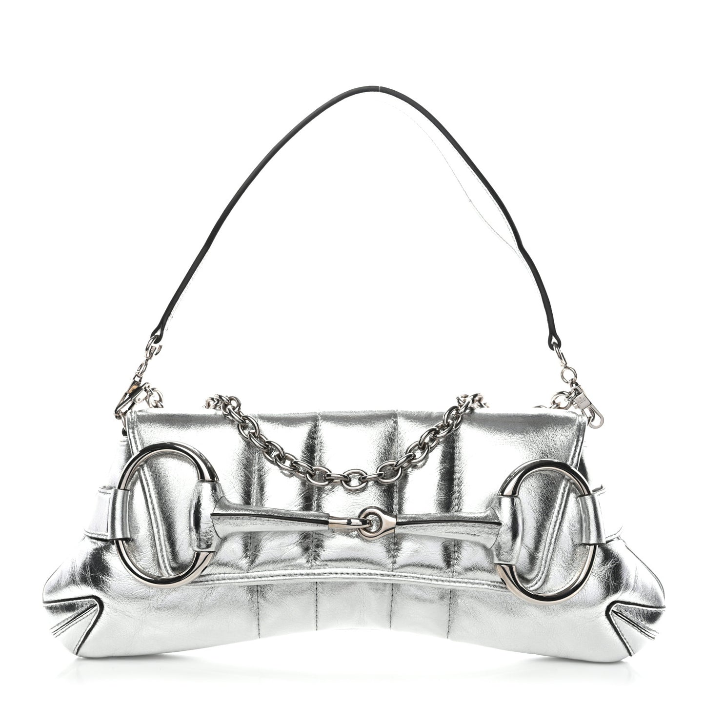 Iridescent Nappa Vertical Matelasse Medium Maxi Horsebit Chain Shoulder Bag Silver