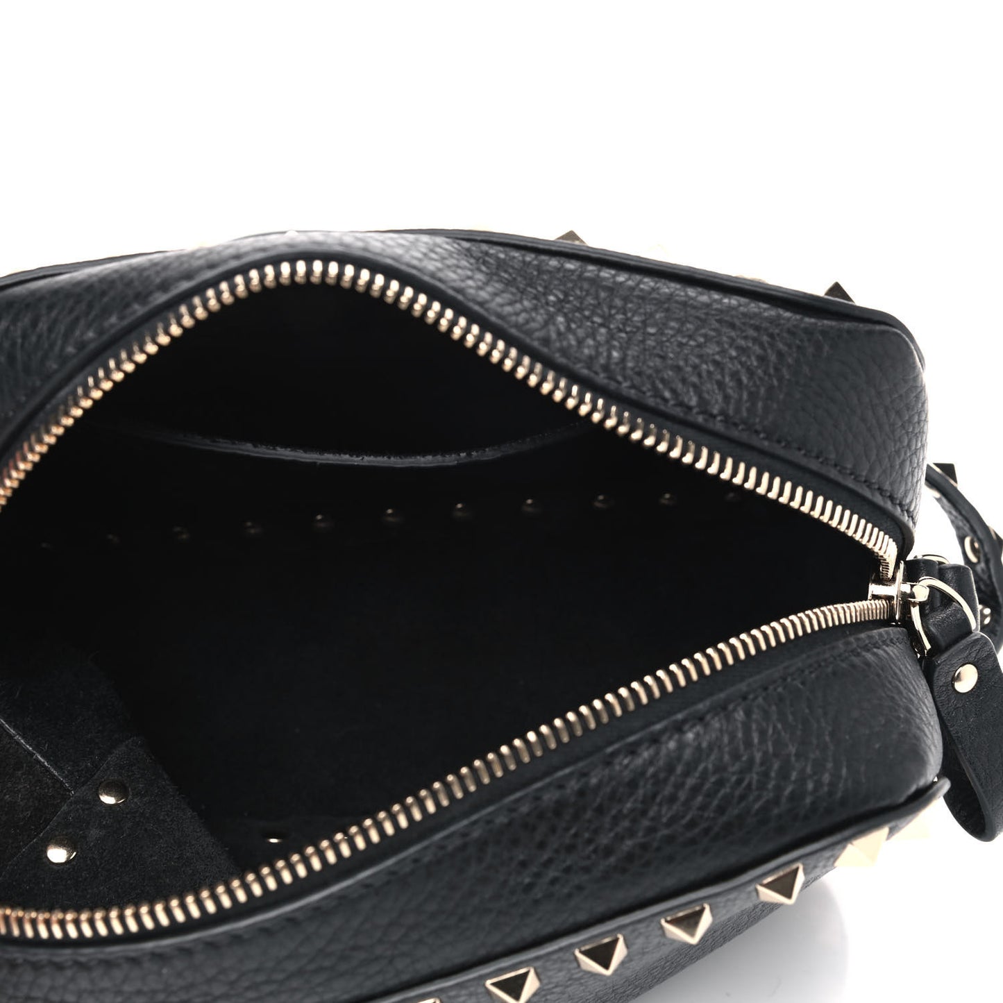 Pebbled Calfskin Rockstud Camera Crossbody Bag Black
