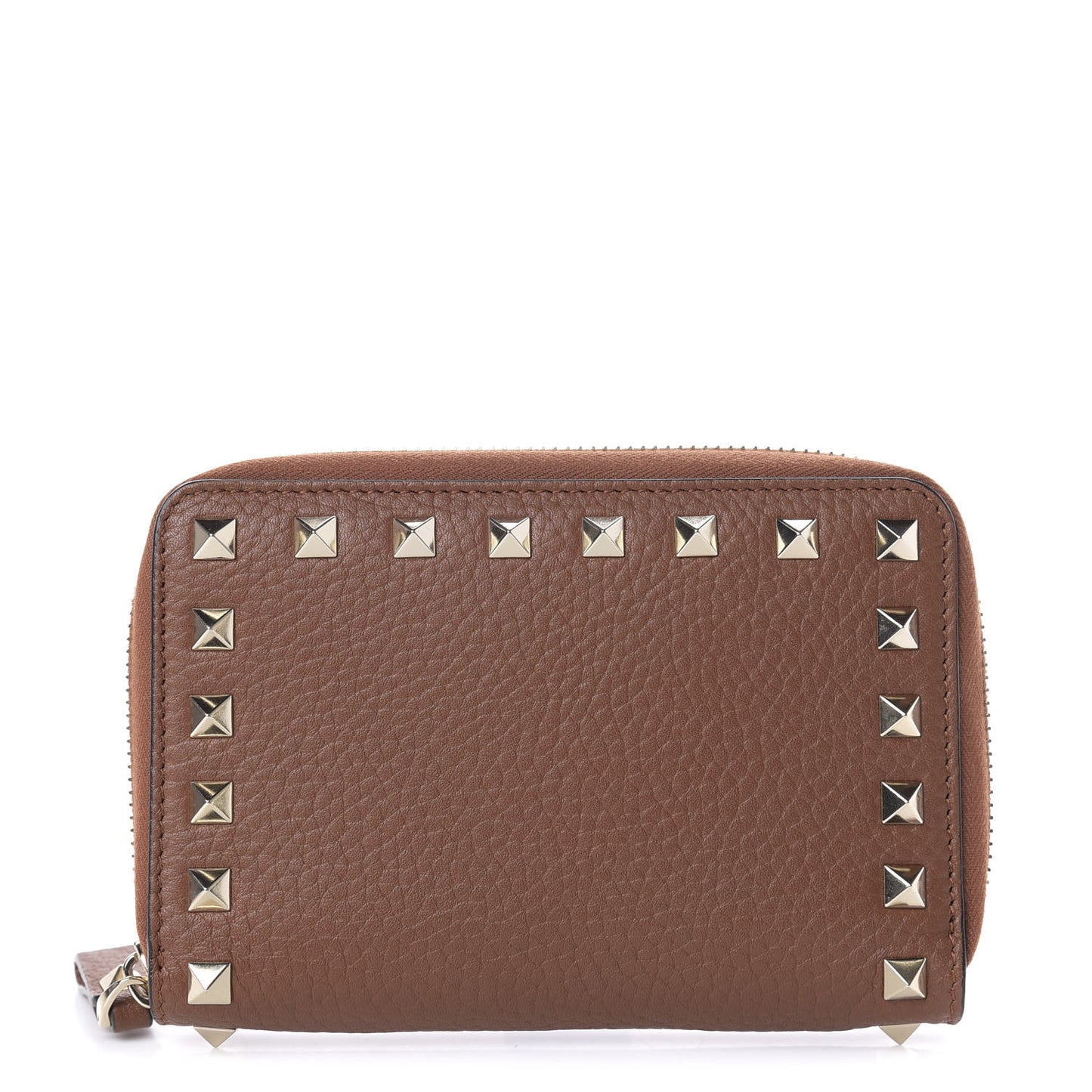 Pebbled Calfskin Rockstud Compact Zip Around Wallet Bright Cognac