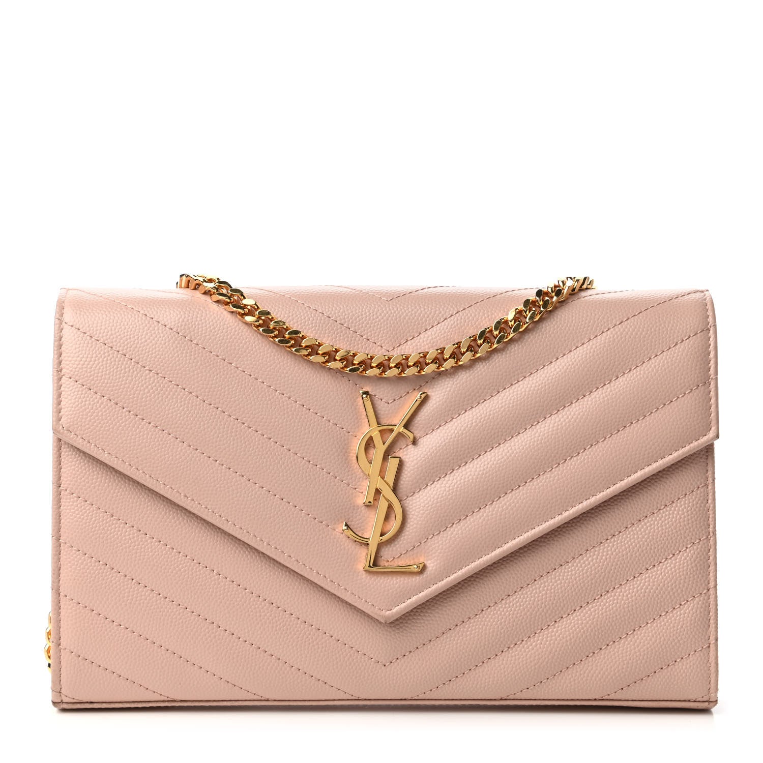 Saint Laurent Grain De Poudre Matelasse Chevron Monogram Chain Wallet Pale Pink 1 of 12