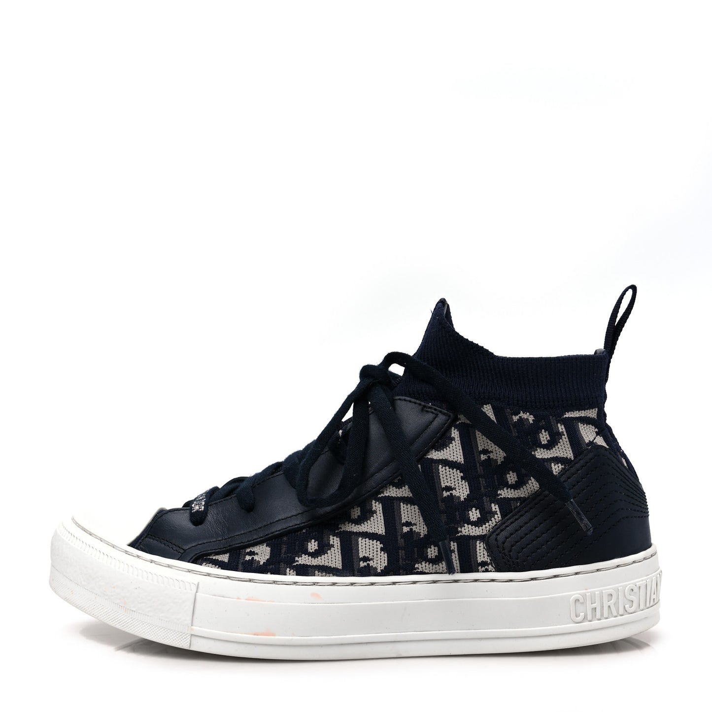 Technical Knit Calfskin Oblique Womens Walk'n Dior Mid Top Sneakers 38 Deep Blue