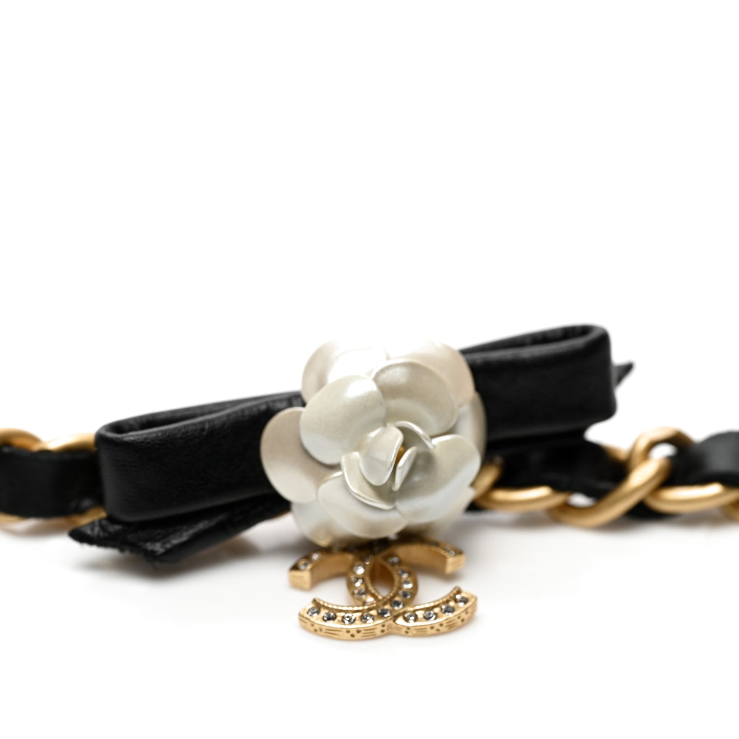 Calfskin Crystal Chain Camellia Belt 90 36 Black Gold
