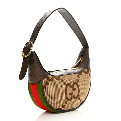 Gucci Monogram Jumbo GG Textured Dollar Calfskin Web Mini Ophidia Half Moon Hobo Camel Ebony New Acero 2 of 10