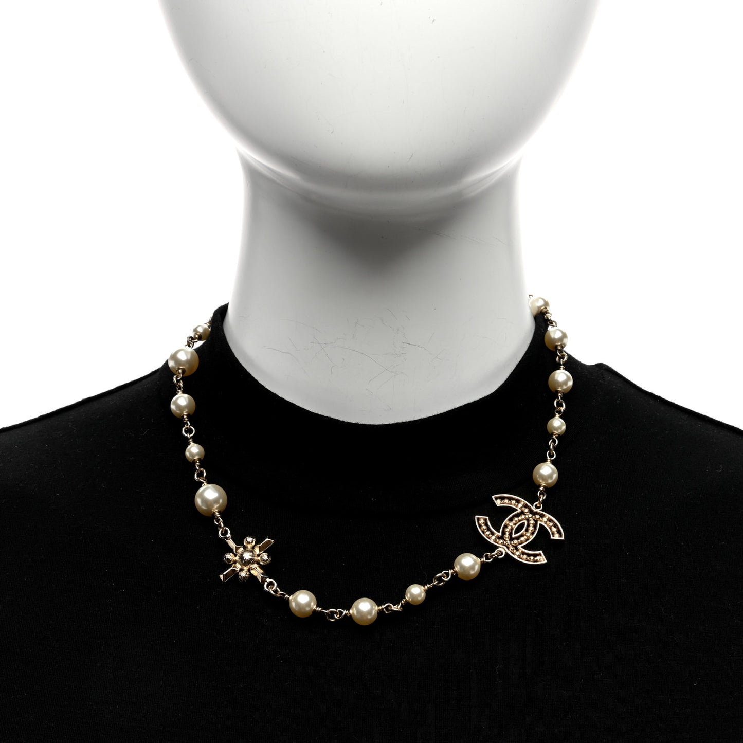 Crystal Baguette Pearl CC Cross Short Necklace Gold