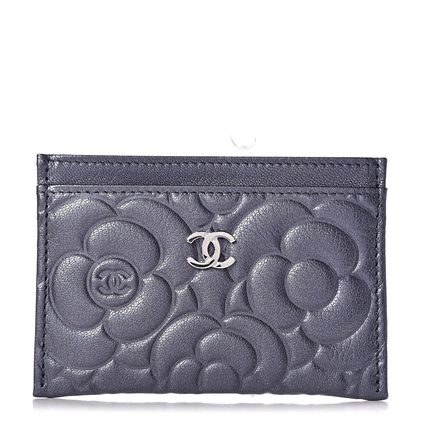 Goatskin Camellia Embossed Card Holder Dark Blue