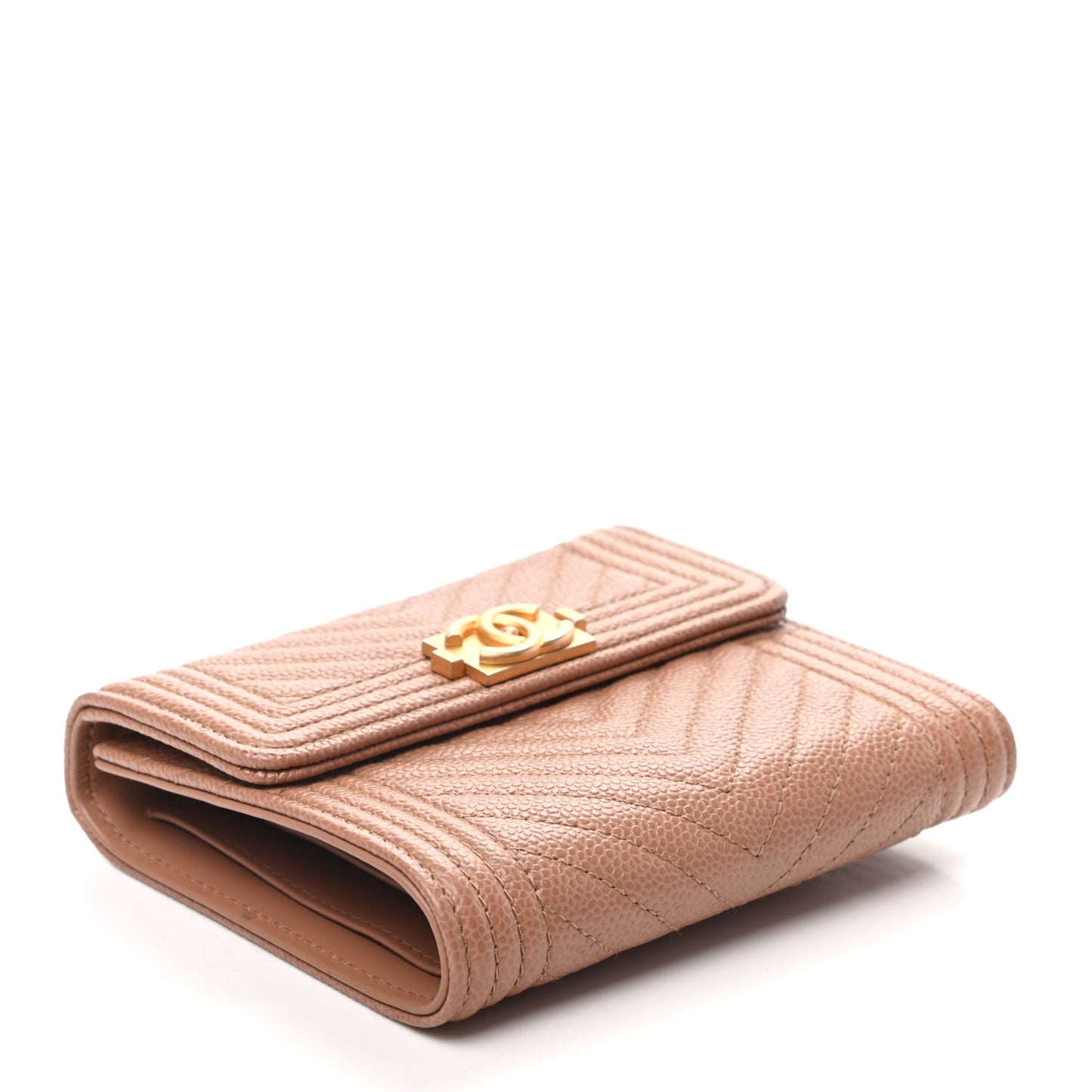 Caviar Chevron Quilted Boy Compact Wallet Light Brown