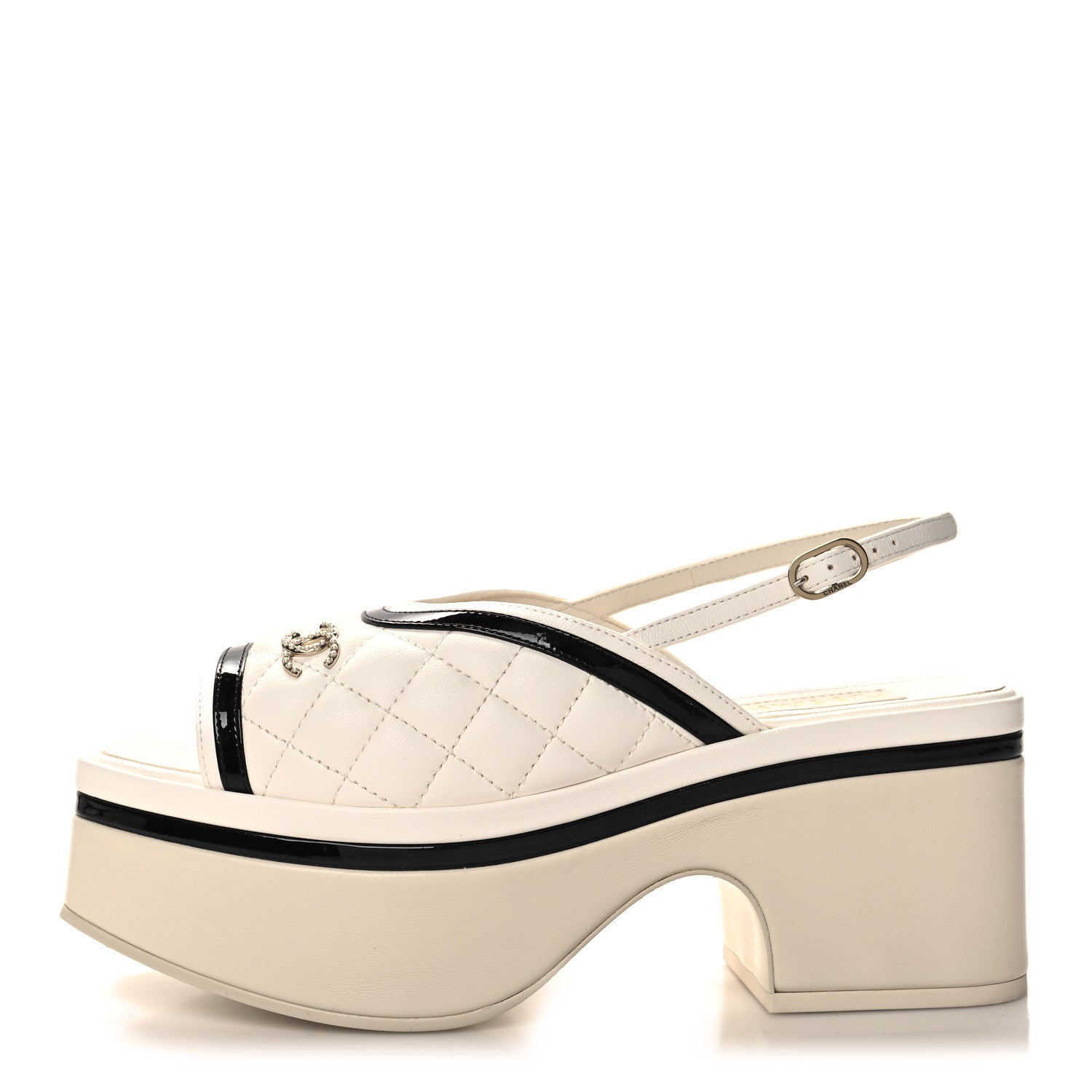 Chanel Lambskin Patent Quilted CC Platform Sandals 37 White Black 1 of 9