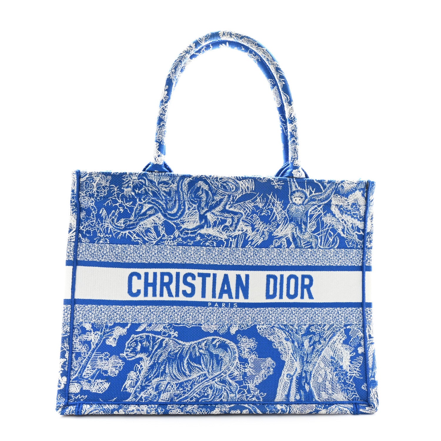 Christian Dior Canvas Embroidered Medium Dioriviera Toile De Jouy Book Tote Fluorescent Blue 1 of 11