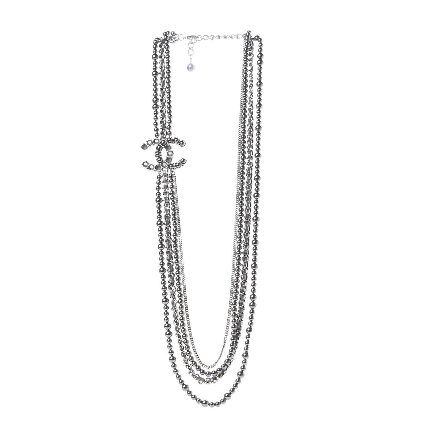 Crystal Pearl Lambskin CC Multi Strand Necklace Grey Silver