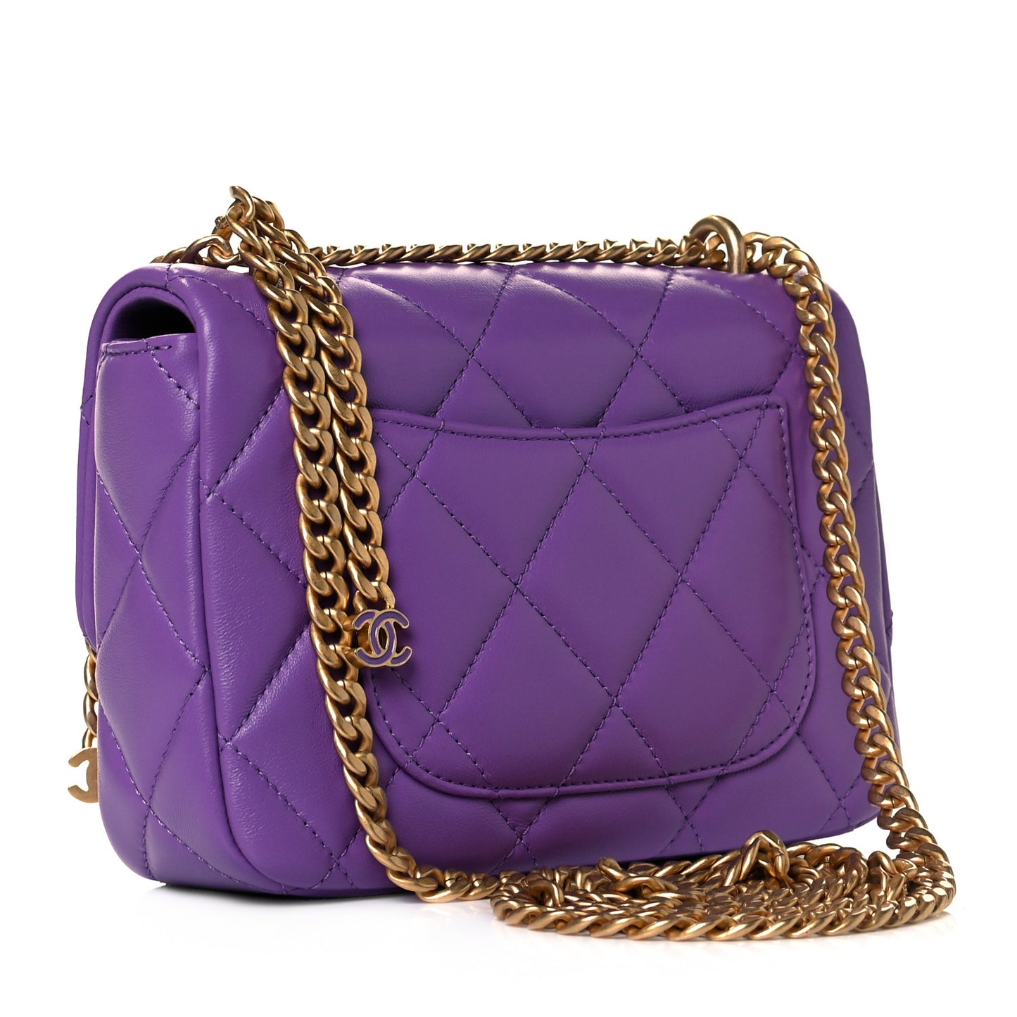 Lambskin Enamel Quilted Mini Pending CC Square Flap Purple