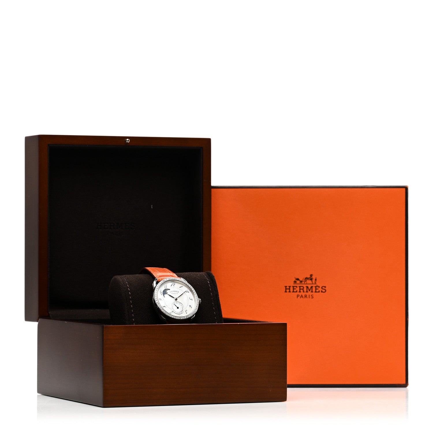 Hermes Stainless Steel Alligator Diamond Mother of Pearl 38mm Arceau Petite Lune Automatic Watch Orange 5 of 5