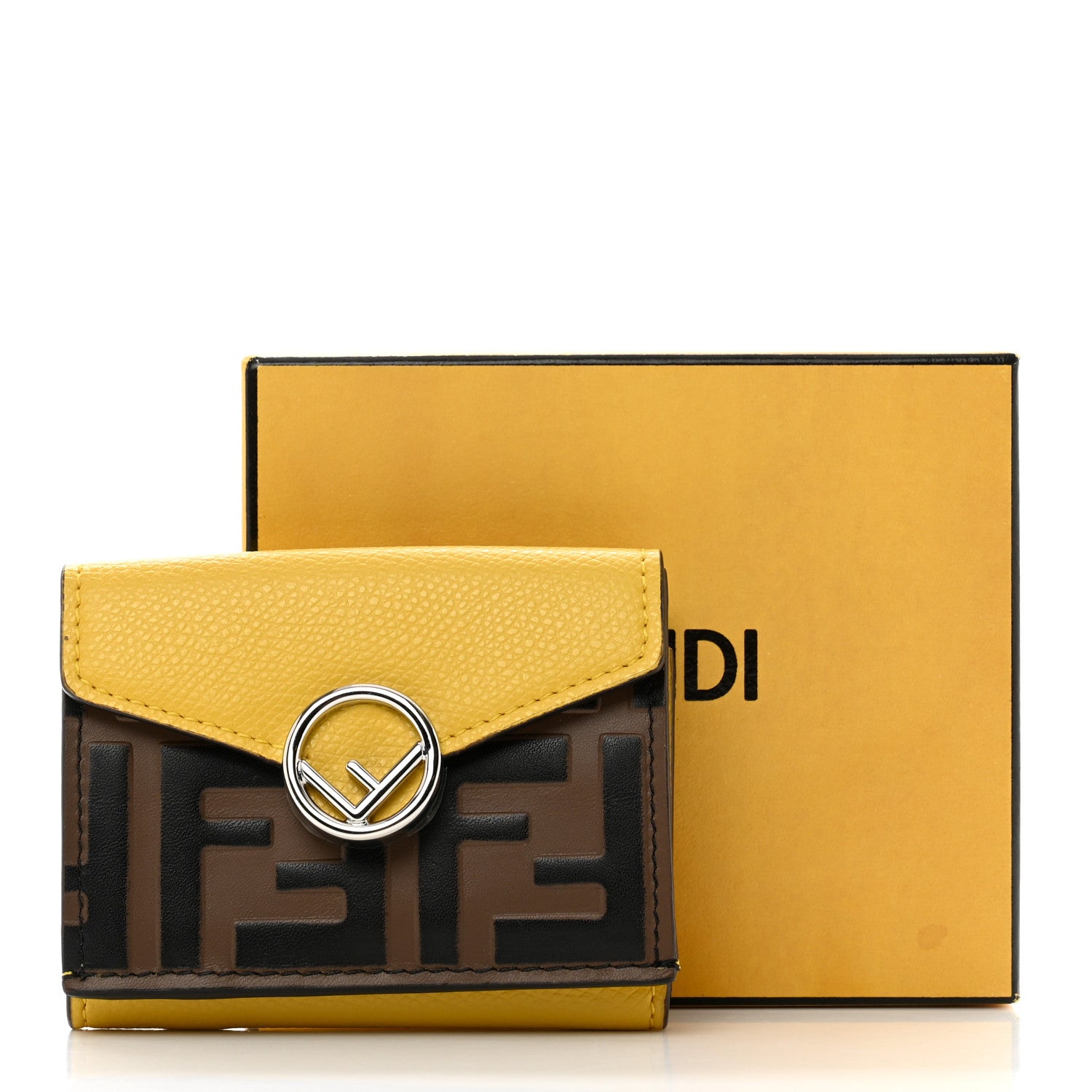 Fendi Vitello Liberty F is Fendi Bi-Color FF 1974 Embossed Micro Tri-Fold Envelope Wallet Maya Black Sunflower 10 of 10