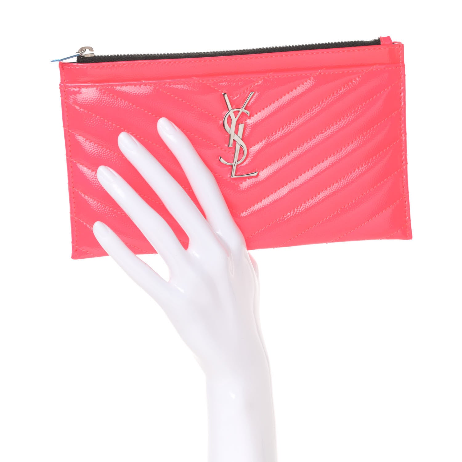 Saint Laurent Patent Grain De Poudre Matelasse Chevron Monogram Bill Pouch Neon Pink 2 of 6