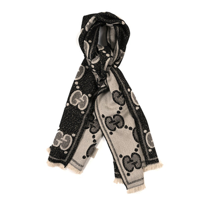 Gucci Wool Lame Jacquard Monogram Jumbo GG Lady Nest Lux Scarf Black Ivory 1 of 4