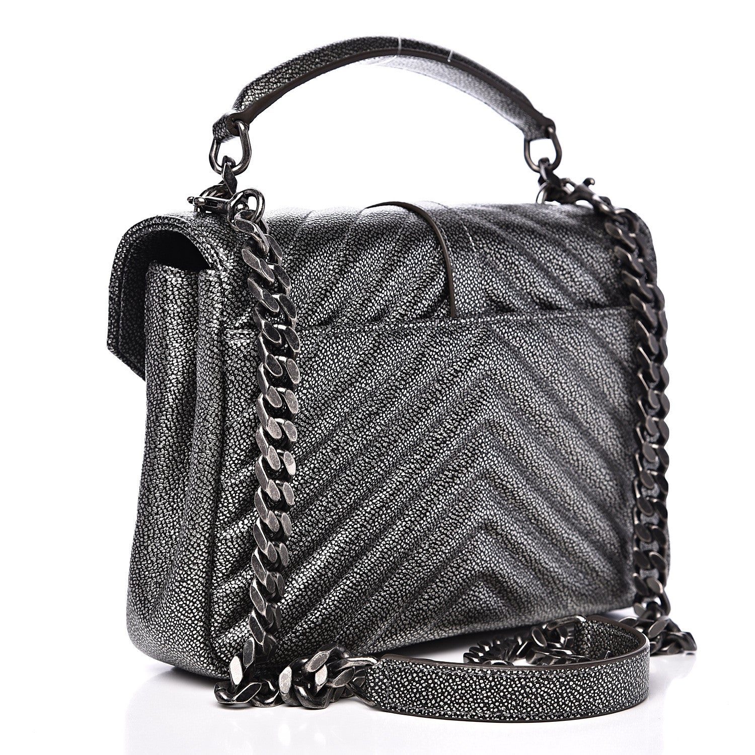 Saint Laurent Metallic Grain De Poudre Matelasse Chevron Monogram Medium College Bag Gunmetal 2 of 11