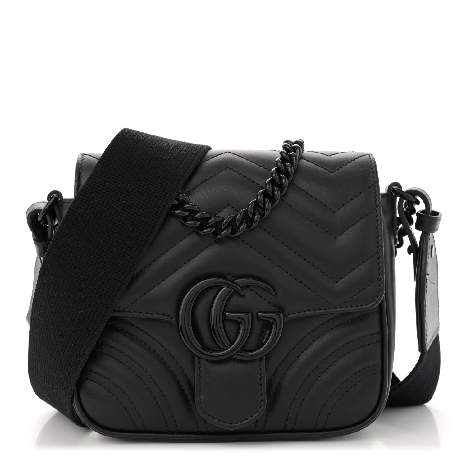 Gucci Calfskin Matelasse Monochrome Mini GG Marmont Crossbody Shoulder Bag Black 1 of 12