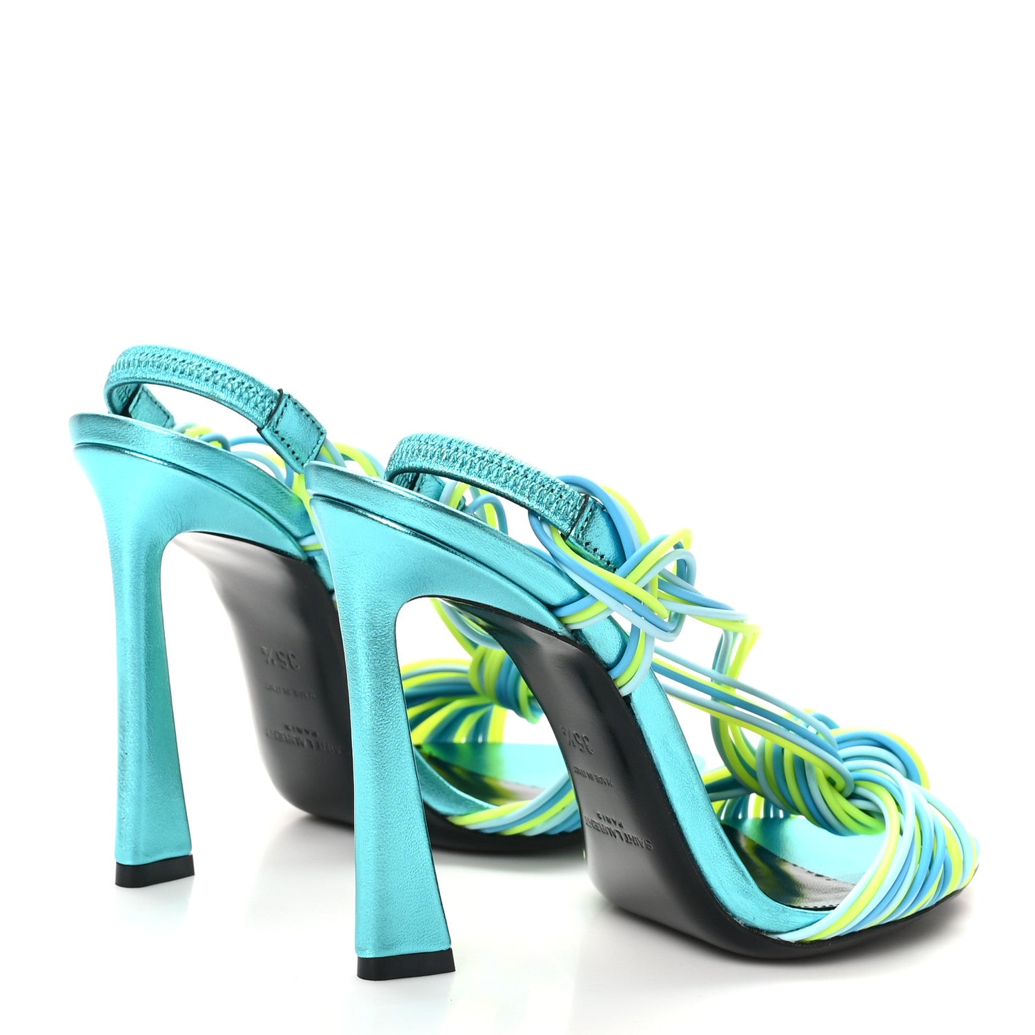 Saint Laurent Metallic Calfskin Gippy 105 Sandals 35.5 Cerulean Giallo Fluo 5 of 9
