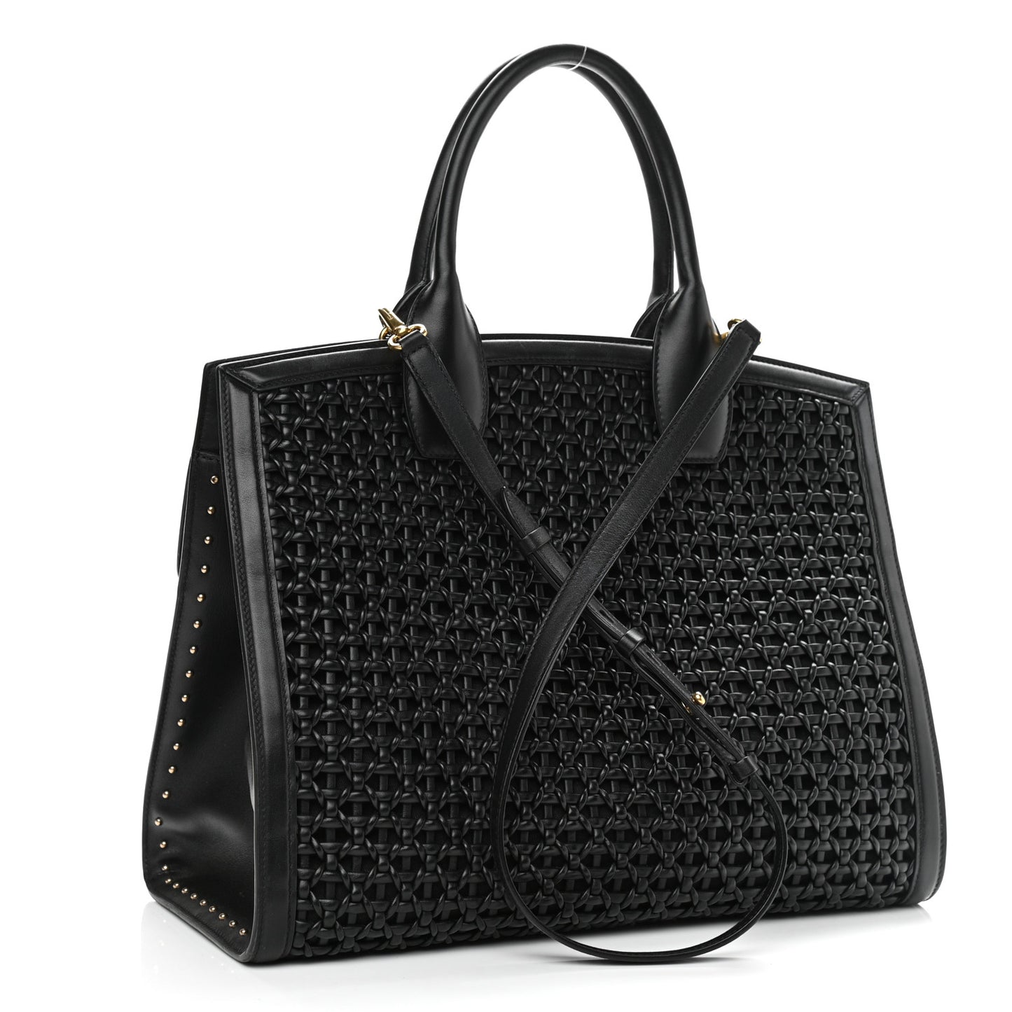 Woven Calfskin Medium Studio Top Handle Bag Black