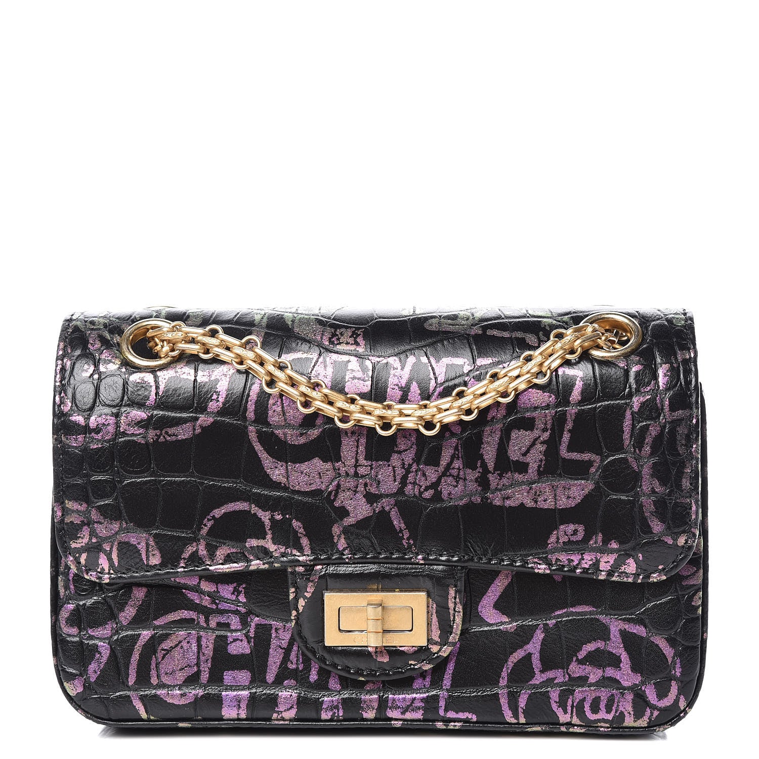 Chanel Calfskin Crocodile Embossed Graffiti 2.55 Mini Cocodile Reissue Flap Black Pink 1 of 10