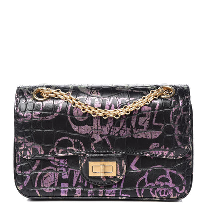 Chanel Calfskin Crocodile Embossed Graffiti 2.55 Mini Cocodile Reissue Flap Black Pink 1 of 10