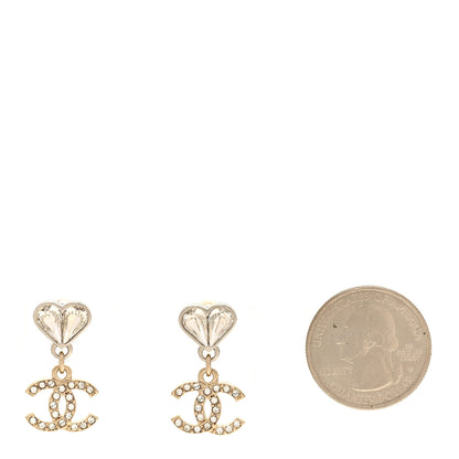 Chanel Crystal CC Heart Drop Earrings Gold Silver 2 of 5