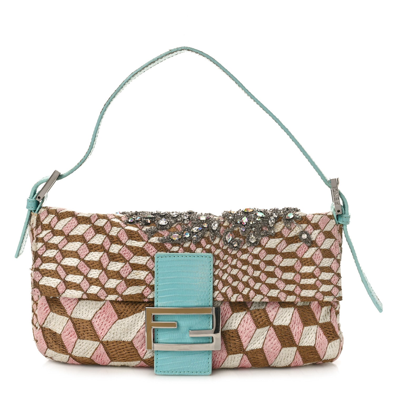 Fendi Fabric Lizard Crystal Embroidered Baguette Celeste 1 of 16