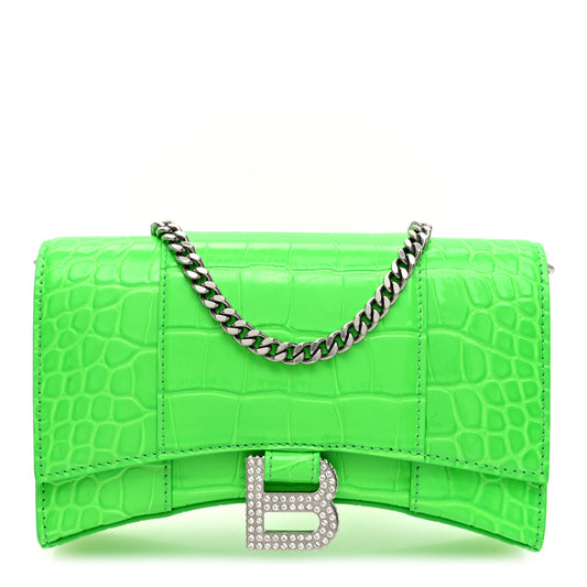 Shiny Calfskin Strass Crocodile Embossed Hourglass Chain Bag Fluo Green