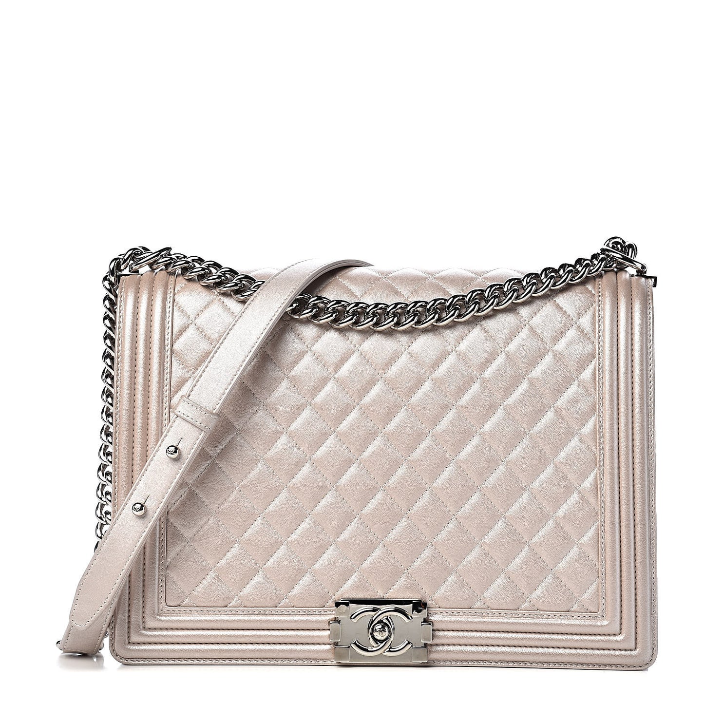 Metallic Lambskin Quilted Large Boy Flap Light Beige