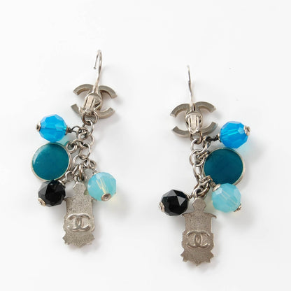 Chanel Bead CC Dangle Earrings Silver Blue 3 of 5