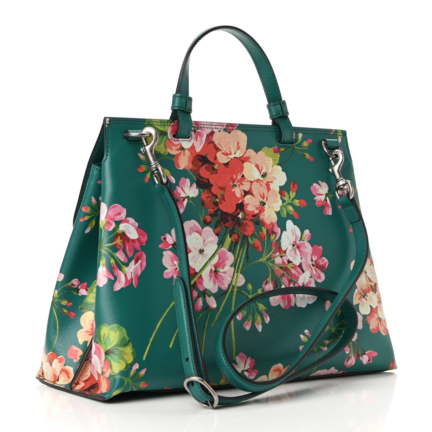 Gucci Shangai Calfskin Blooms Print Medium Bamboo Daily Top Handle Bag Clear Bright Emerald Multicolor 2 of 8