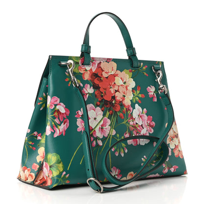 Gucci Shangai Calfskin Blooms Print Medium Bamboo Daily Top Handle Bag Clear Bright Emerald Multicolor 2 of 8