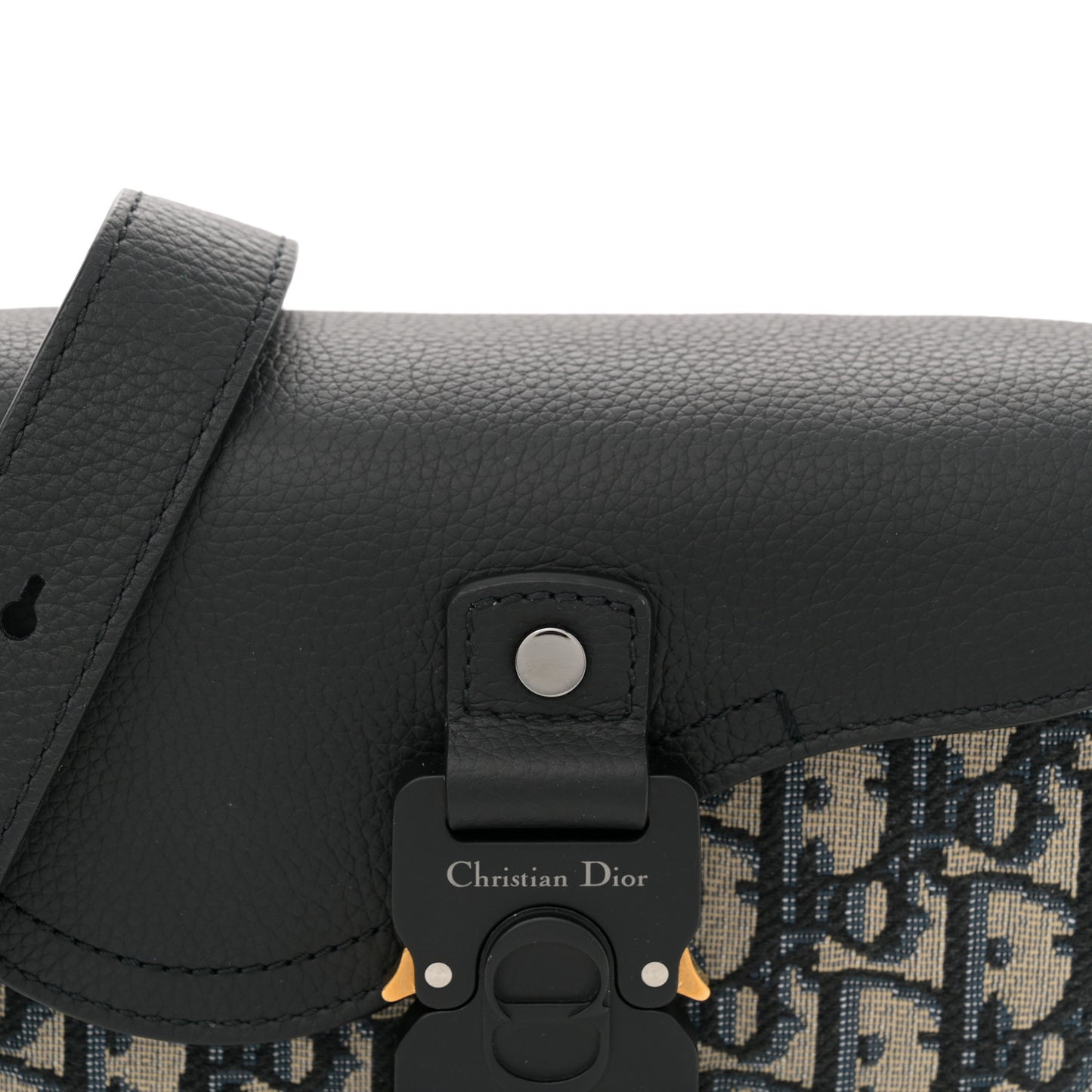 Grained Calfskin Oblique Mini Saddle Messenger Bag With Flap Beige Black