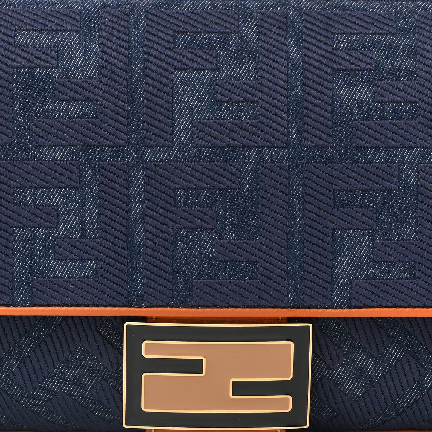 Denim Vitello King FF Embroidered Large Baguette Blue Cuoio