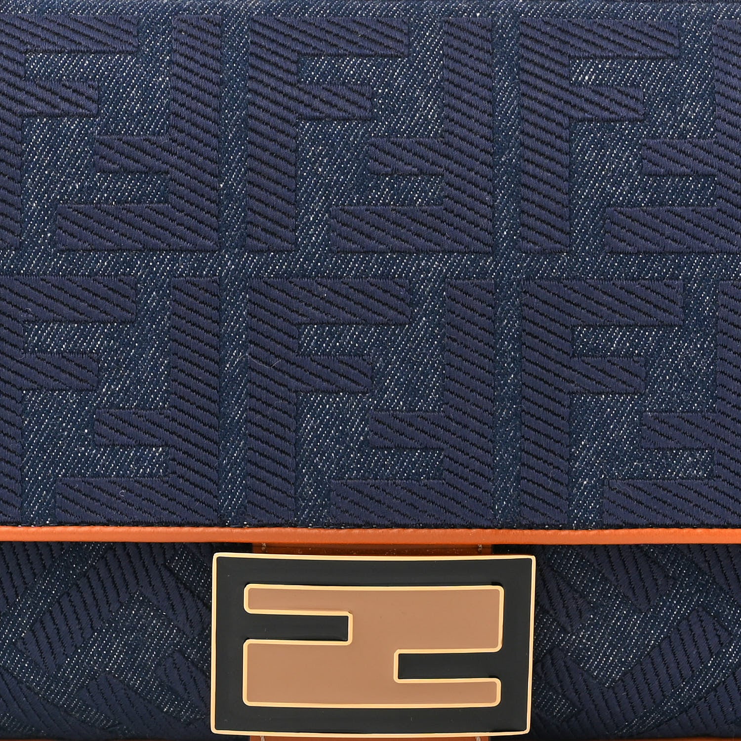 Fendi Denim Vitello King FF Embroidered Large Baguette Blue Cuoio 8 of 11