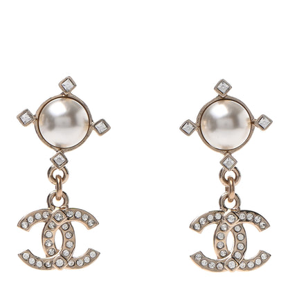 Chanel Crystal Pearl CC Drop Earrings Gold 1 of 4