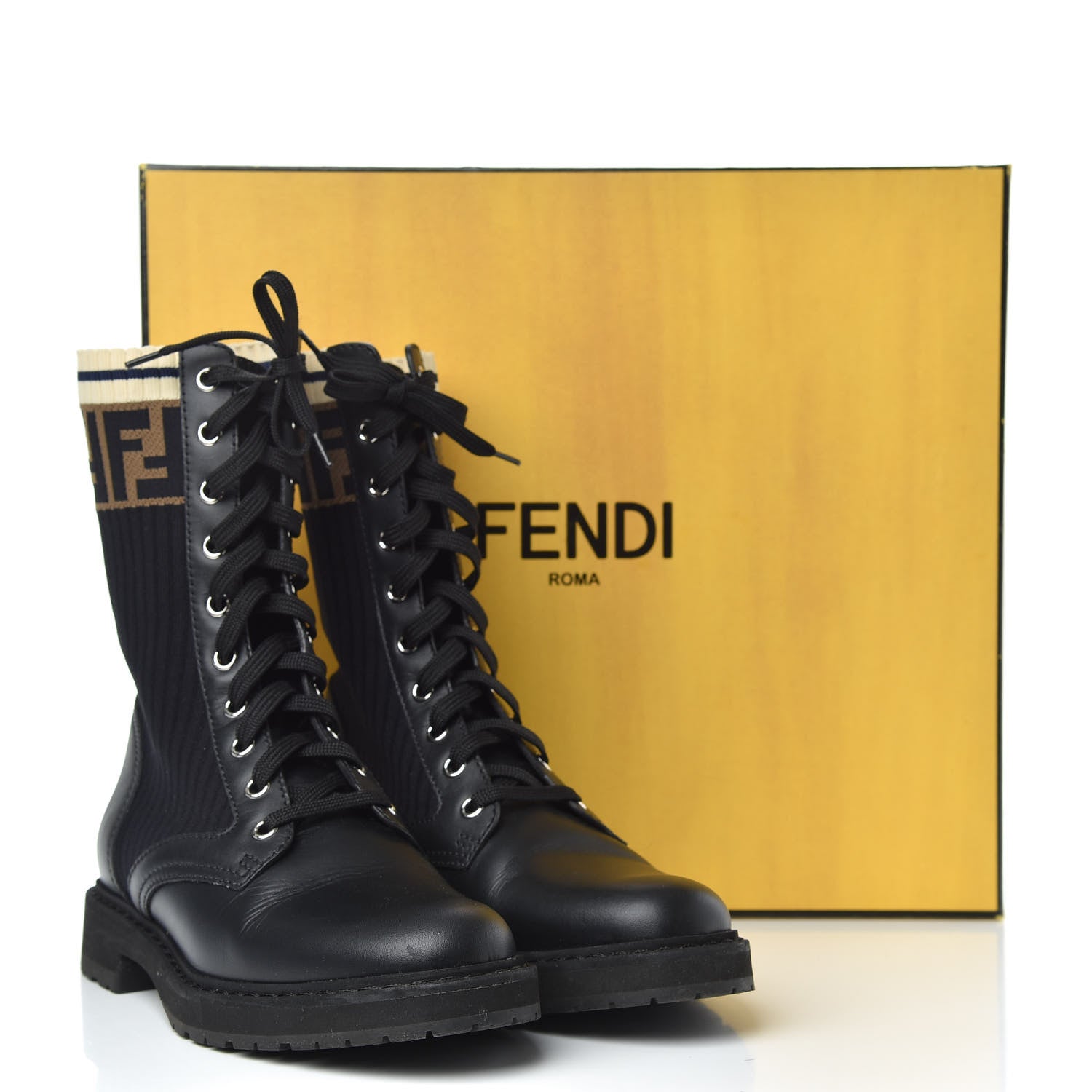 Fendi Calfskin Stretch Fabric Rockoko Biker Boots 37 Tobacco Black Marino 8 of 8