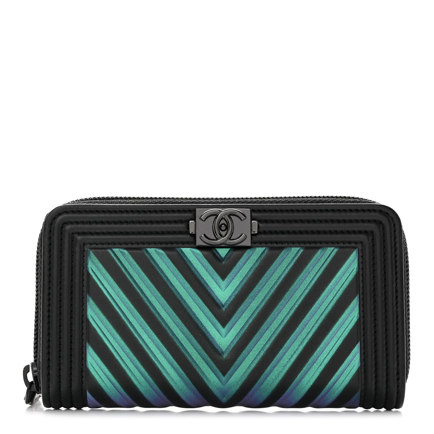 Calfskin Painted Chevron Embossed Small Boy Zip Wallet Black