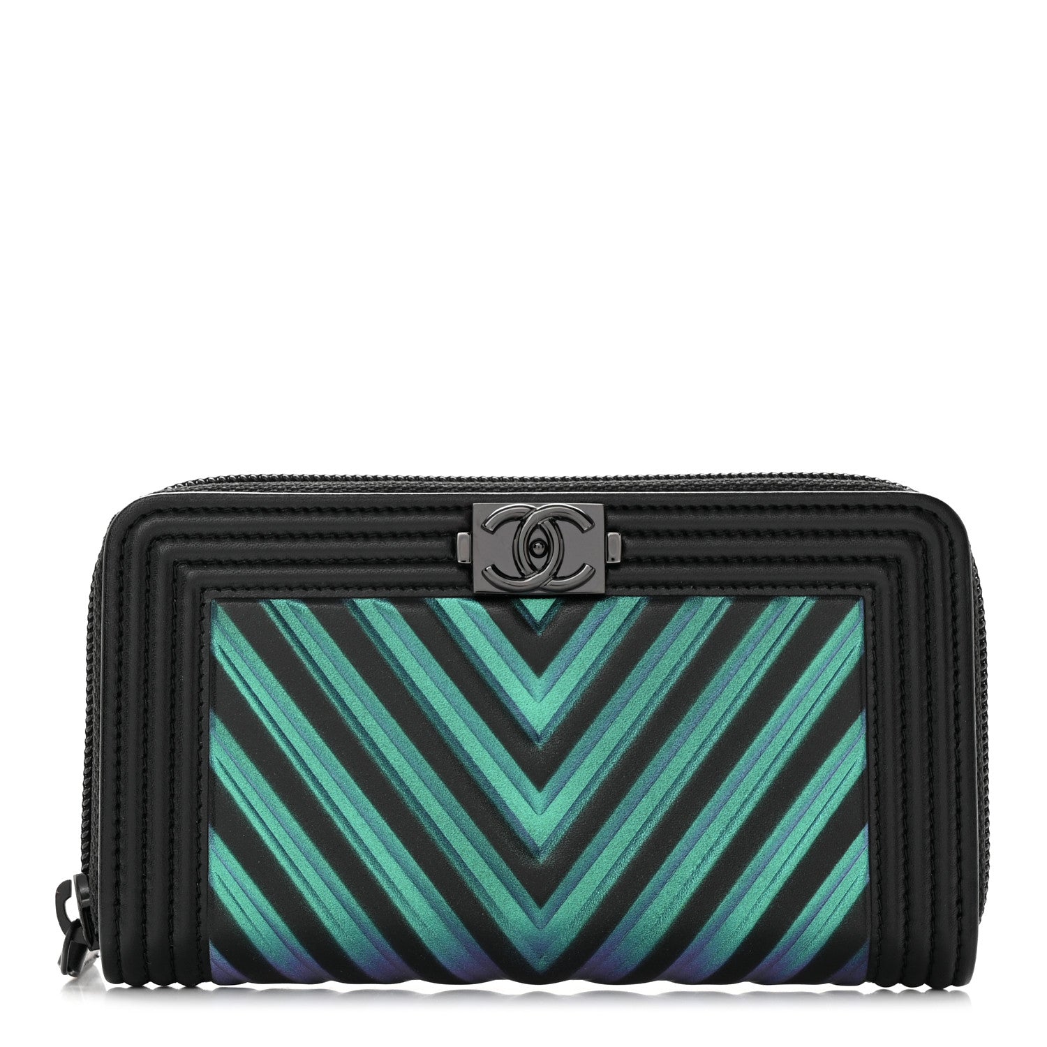 Chanel Calfskin Painted Chevron Embossed Small Boy Zip Wallet Black 1 of 13