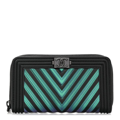 Chanel Calfskin Painted Chevron Embossed Small Boy Zip Wallet Black 1 of 13
