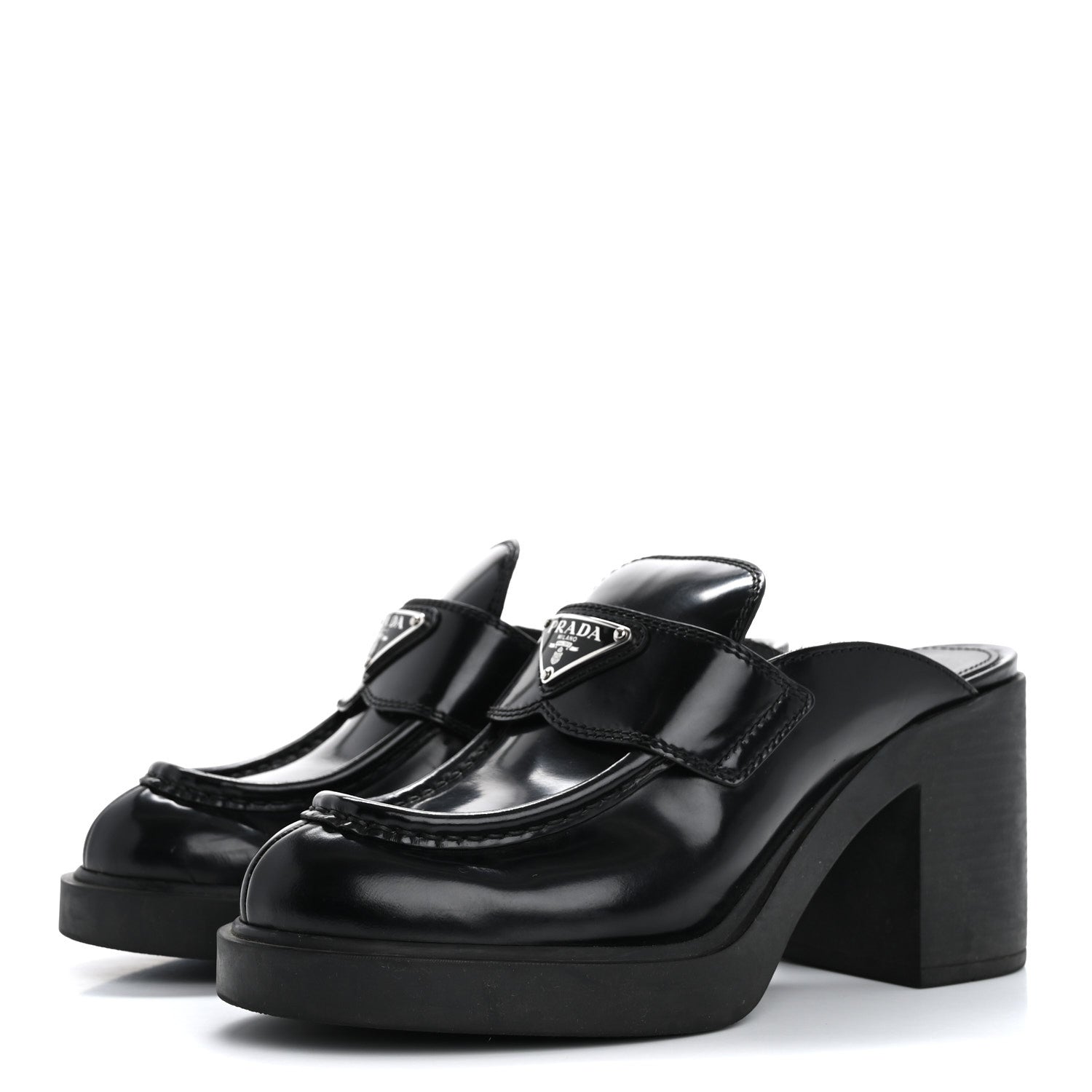 Prada Spazzolato Metal Triangle Logo Platform Loafer Mules 37 Black 4 of 17