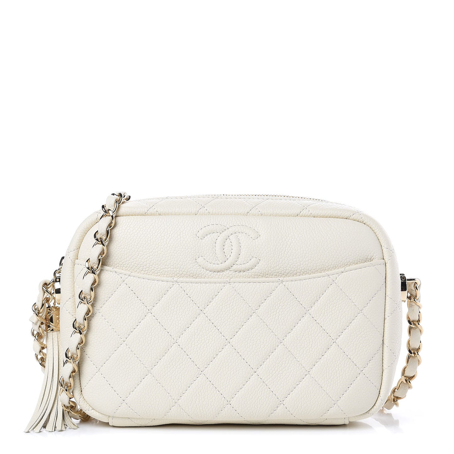 Caviar Flat Quilted Small Coco Tassel Camera Case White