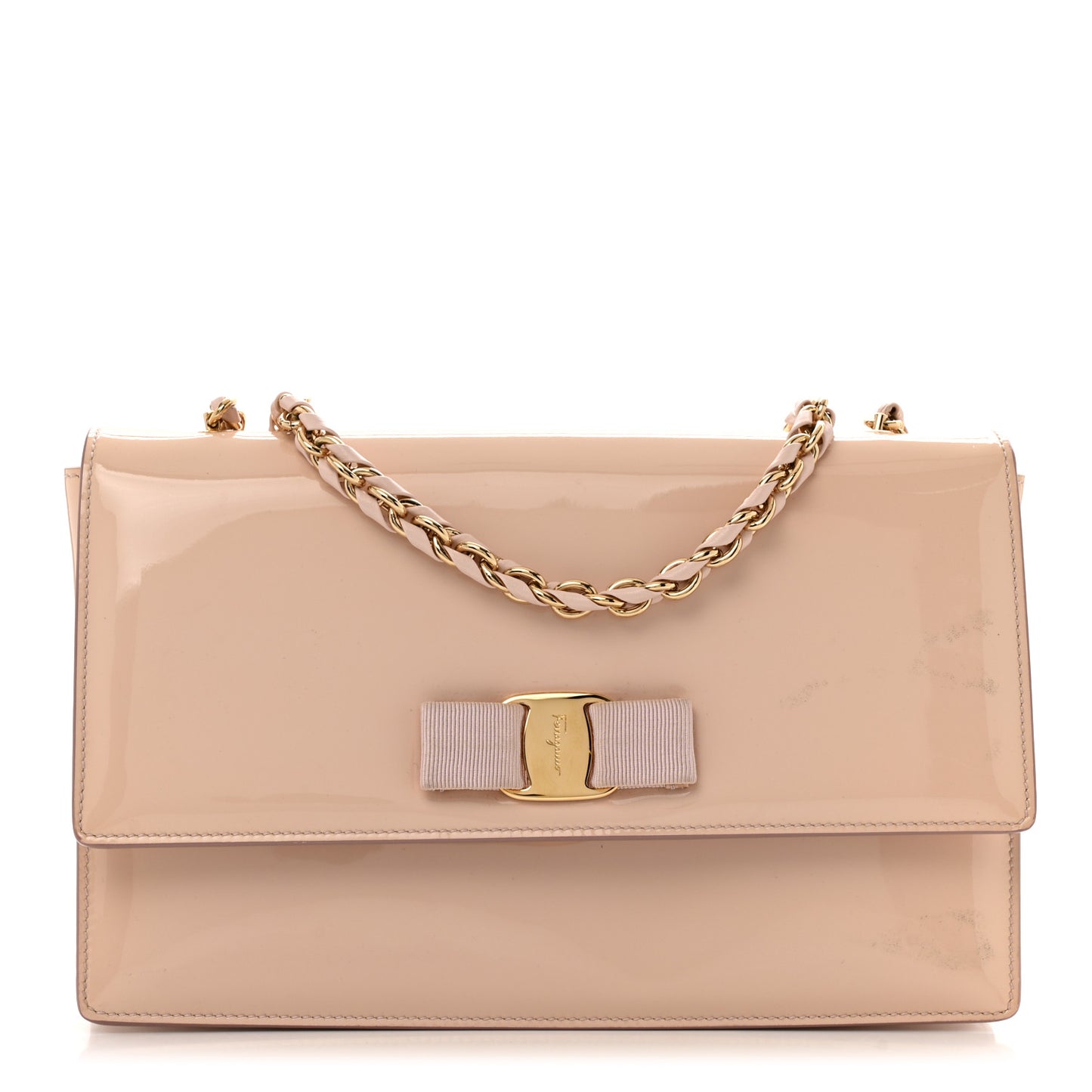 Patent Calfskin Vara Bow Chain Flap Crossbody Beige