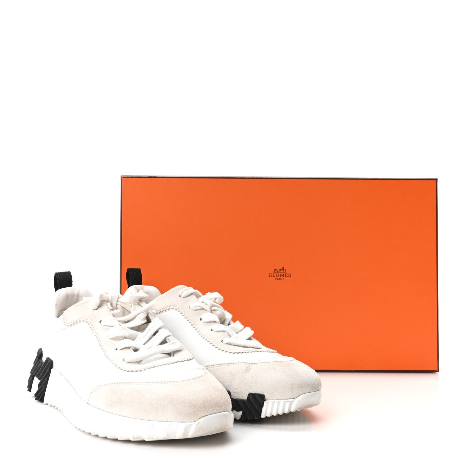 Hermes Calfskin Suede Goatskin Bouncing Sneakers 37.5 White Black 9 of 9