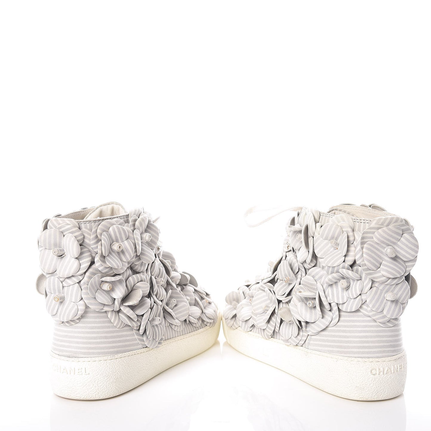 Lambskin Striped Camellia High Top Sneakers 38 Grey