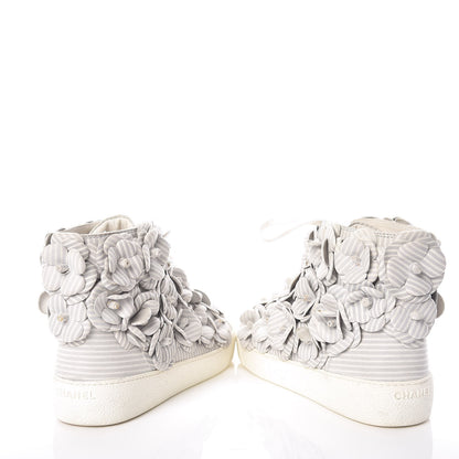 Chanel Lambskin Striped Camellia High Top Sneakers 38 Grey 6 of 10